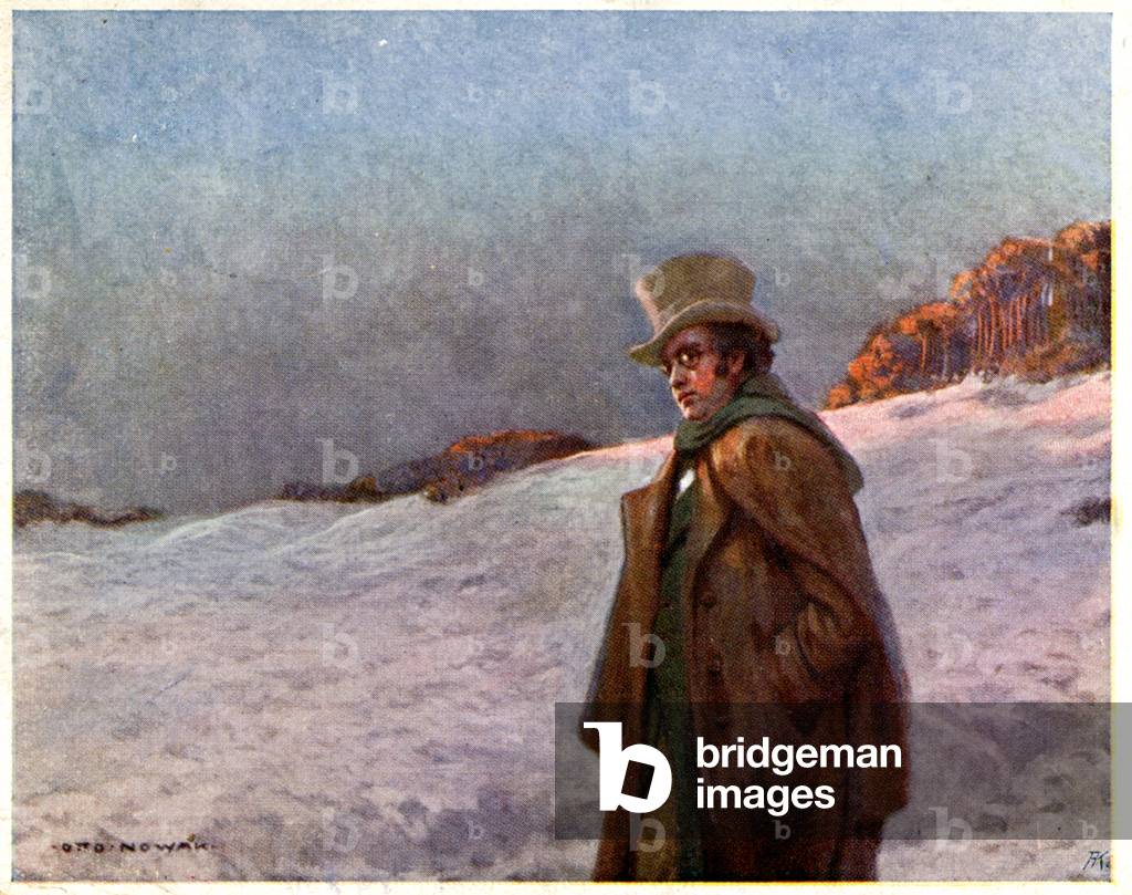 Music. The austrian composer Franz Schubert and the Winter Journey (song cycle: Wintereise, 1827). Illustration by Otto Nowak, Austria, c.1910 (postcard)
