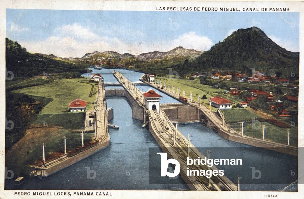 Geography. Panama. Pedro Miguel locks, Panama canal. Postcard, c.1920-30 (postcard)
