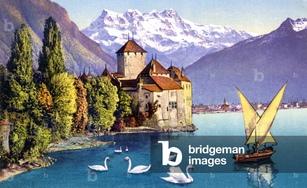 the Midi Peak and the castle of Chillon, Lake Leman, postcard early 20th century