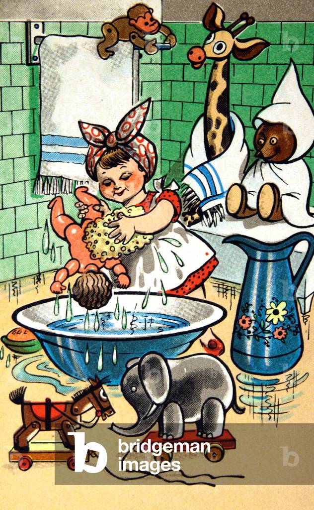 little girl washing her toys and dolls, France c. 1940-1950, postcard