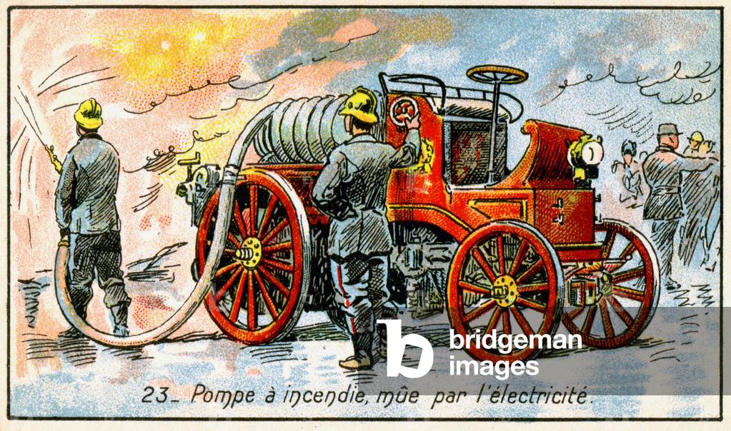 Transport. Electric firemen truck. Imagery from a series on the Wonder of Electricity, France, c.1910.