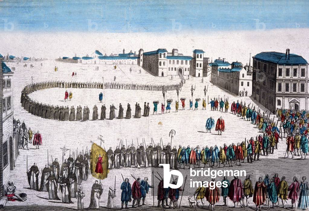 Big procession of Inquisition in Lisbon, french engraving, 18th century