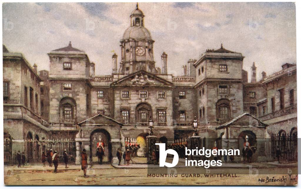 Geography. England. Mounting guard, Whitehall, London. Postcard by A. Breanski, England, c.1900 (postcard)