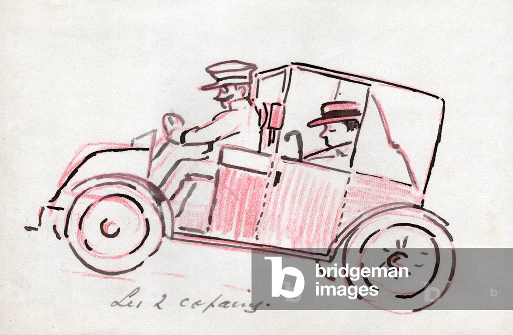 Car with driver. (drawing, circa 1910)