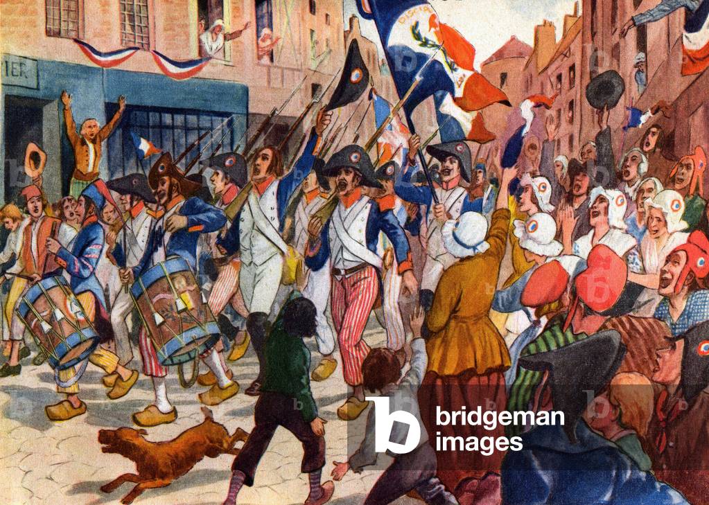 Revolutionary soldiers singing the Marseillaise in Paris streets, c.1948 (illustration)