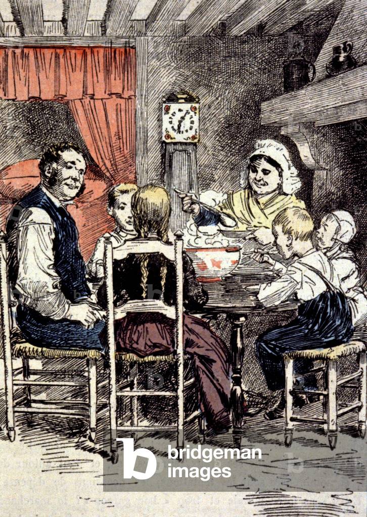 Life at the countryside: peasant lunch, c.1880 (engraving)
