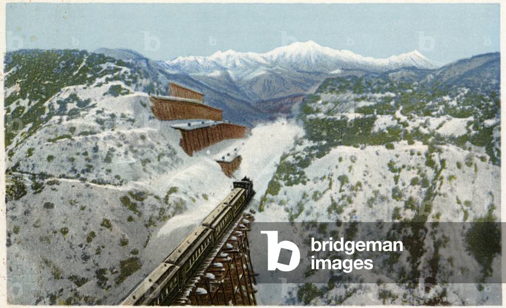 Transport. Railway. Train in a canyon, California. Postcard, USA, c.1920 (postcard)