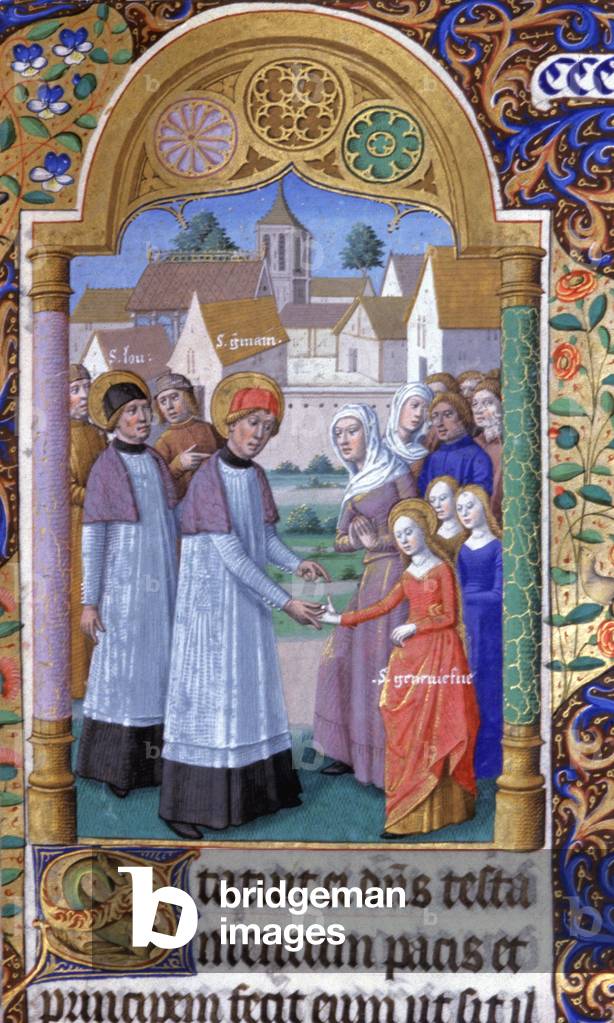 Religion. Catholic Religion. Saint Genevieve with Germanus of Auxerre and Lupus of Troyes. Miniature, France, XVth cent.