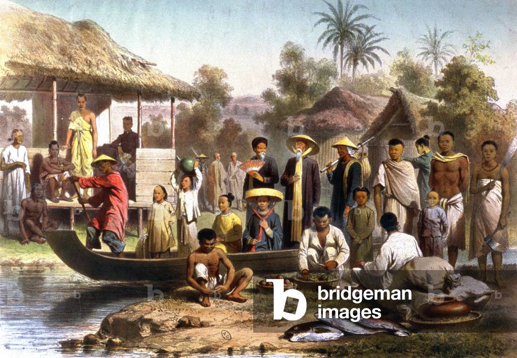 Annamese costumes in french Indochina, engraving, c. 1870