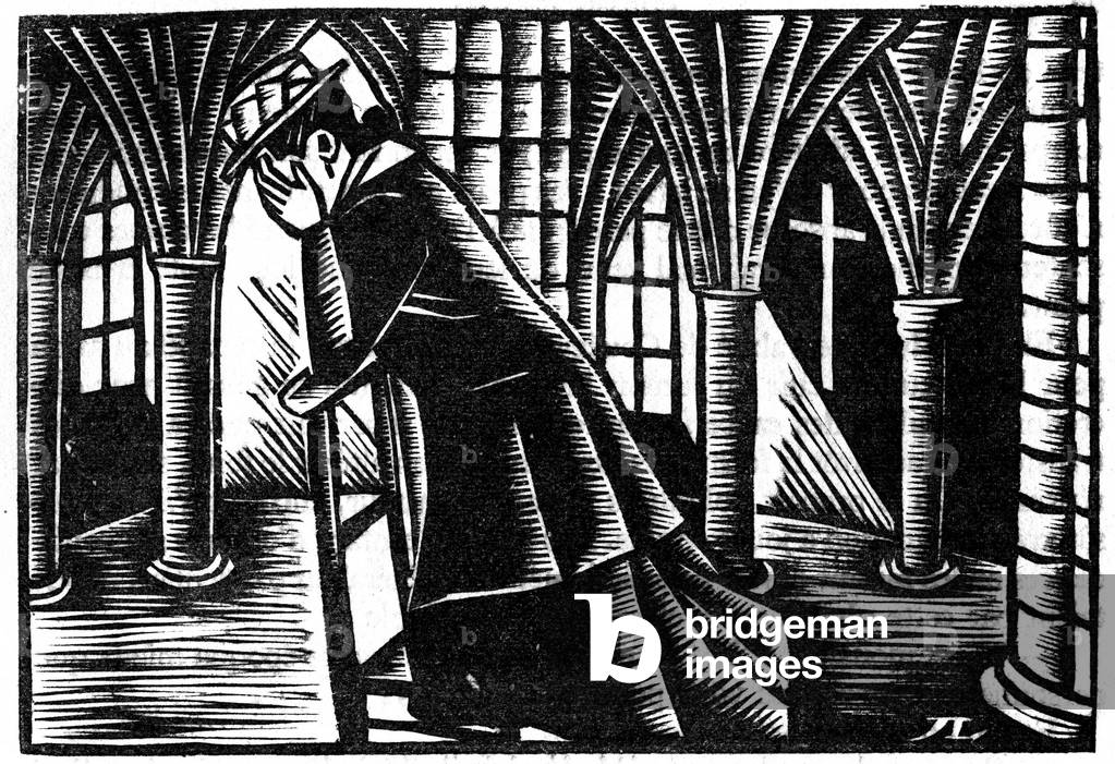 Woman in a church, 1938 (woodcut)