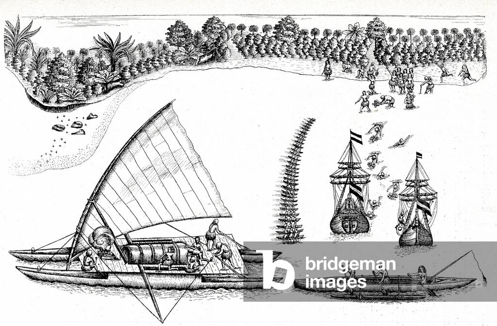 Indigenous and Canoes of Fiji Islands, 17th century (engraving)
