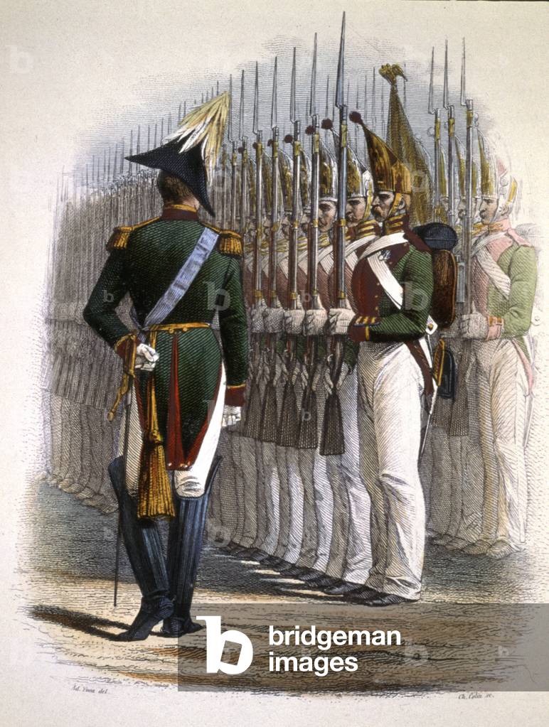 czar Nicholas 1 review his troops, mid-19th century (engraving)