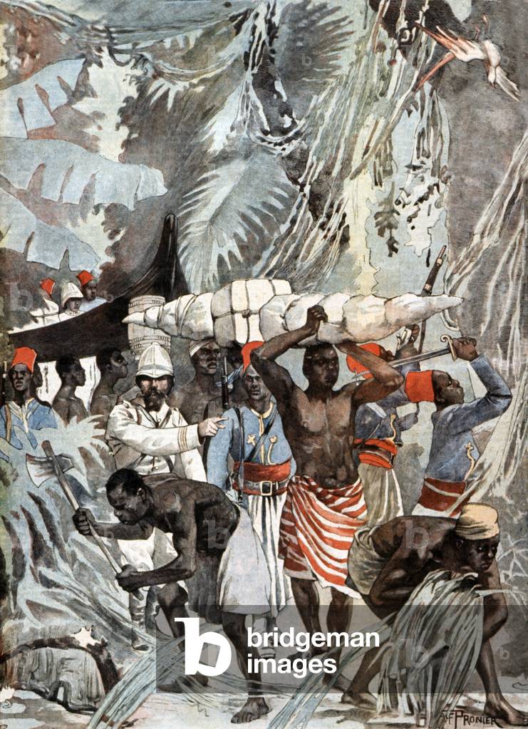 Geography. Congo. Colonel Jean-Baptiste Marchand, 1863-1934 French explorer, in virgin forest during the Congo-Nile expedition in Africa, 1898, illustration in: Le Petit Journal, c.1898, France. (engraving)