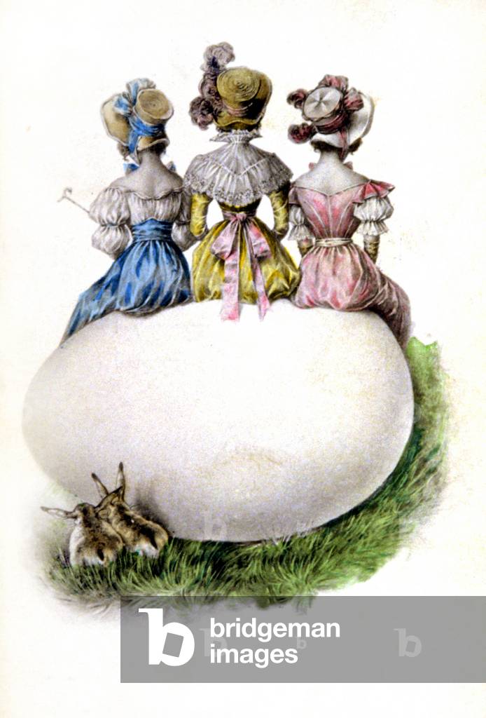 Women seated on an Easter Eggs, c.1890 (postcard)