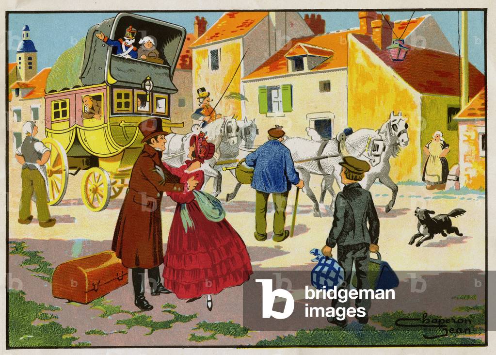 A young child leaving the countryside to go to work in the city, c.1940 (illustration)