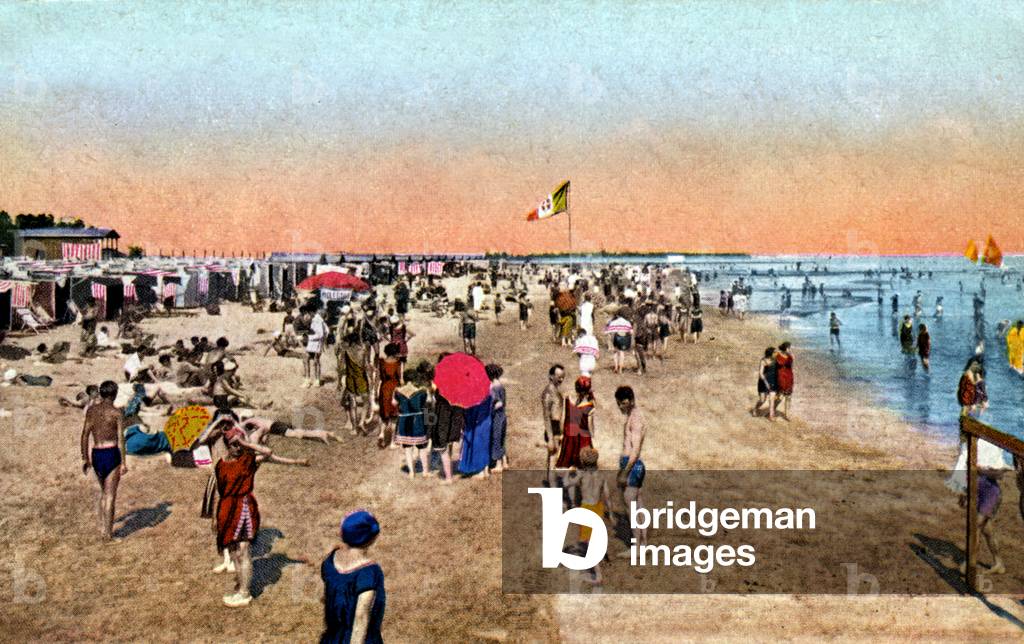 Geography. Italy. Beach in Grado. Postcard, Italy, c.1920.