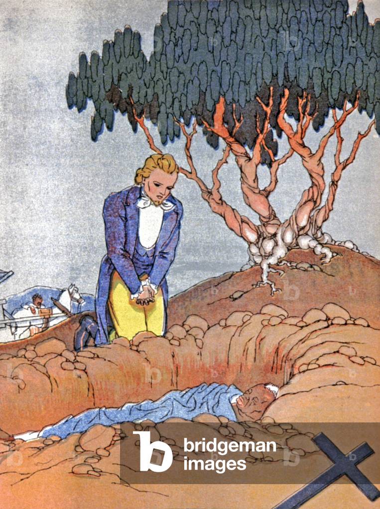 Georges Shelby in front of Uncle Tom's grave, 1941 (illustration)