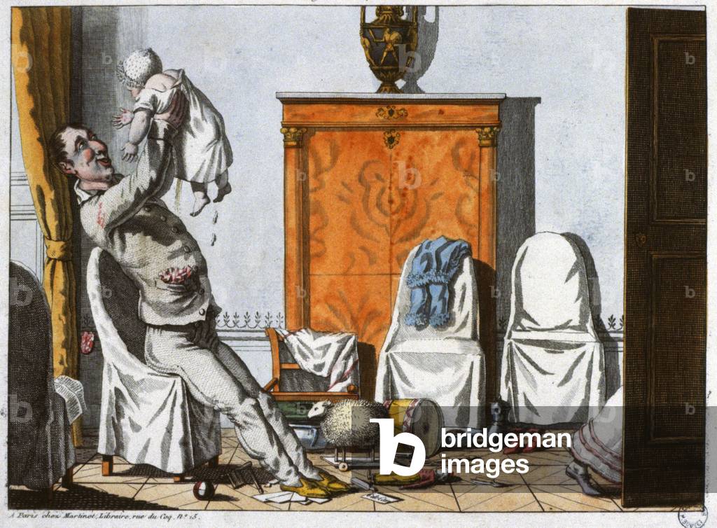 Enjoyments of paternity, baby peeing on his dad, c.1840 (illustration)