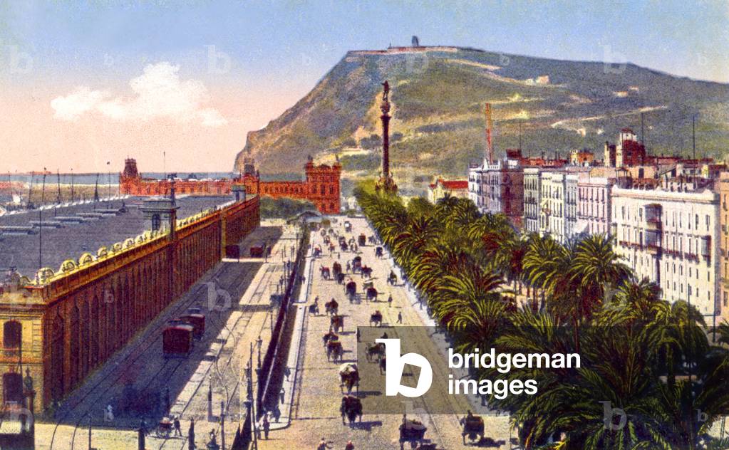 View of the boulevard Paseo de Colon in Barcelona. postcard c. 1920