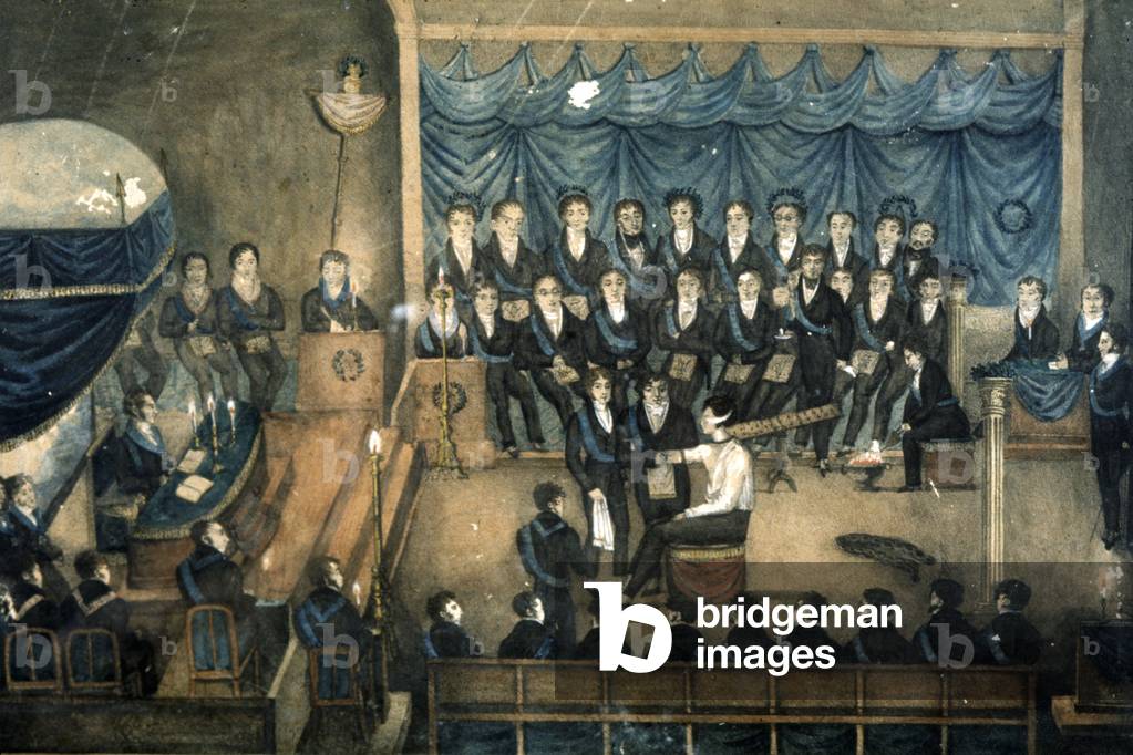 Reception of a mason in a Lodge, c. 1820 (watercolour)
