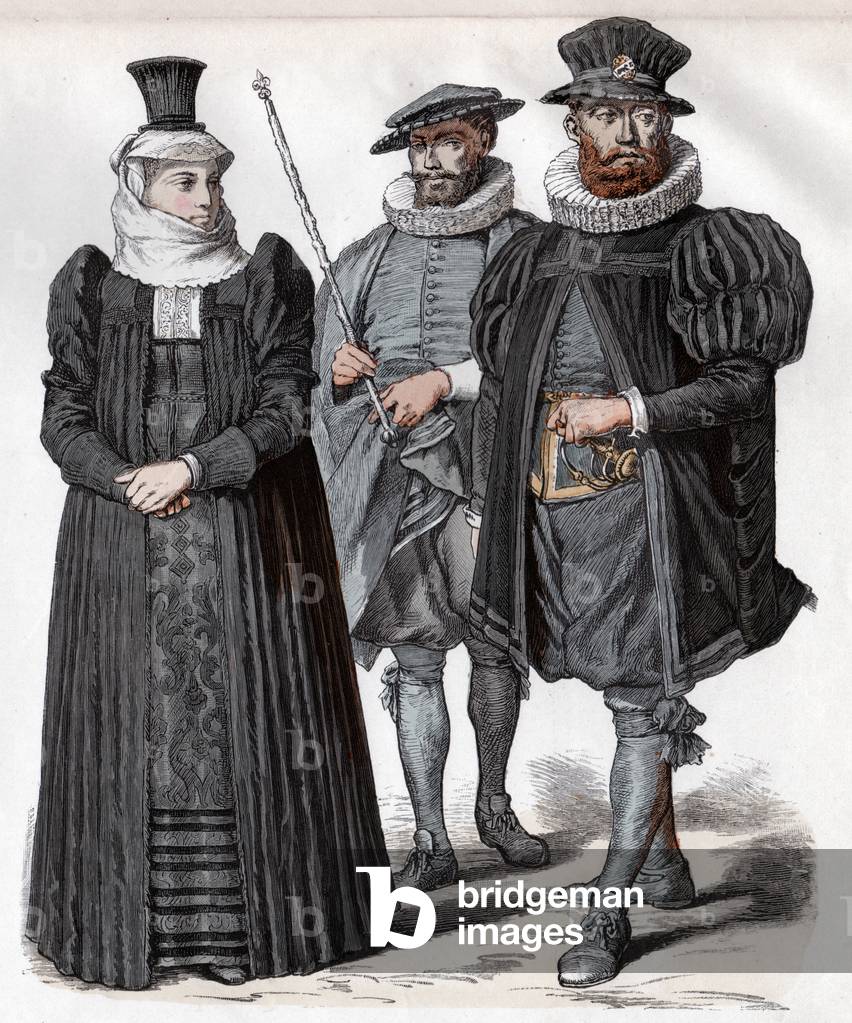 Geography. Germany. Mourning dress and shultheiss (mayor). German costumes of the XVIIth cent. Engraving 