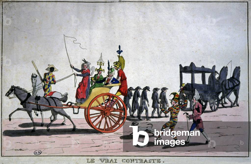 Religion. Catholic Religion. Life and Death: Carnival and Funeral. Engraving, France, c.1850 Bibl. des arts decoratifs, Paris. (colour engraving)
