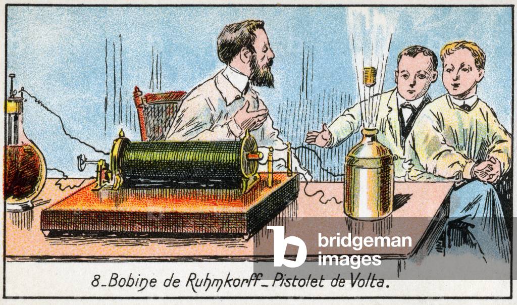 Science. Electricity. Ruhmkorff coil.  c.1900 (chromo)
