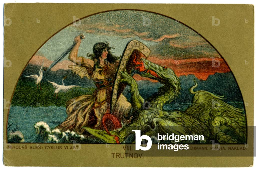 History. Czech Republic. The hero Trut kills the snake, legend of Bohemia. Illustration by Mikolas Ales for: Vlast (Homeland), Czech Republic, c.1910.