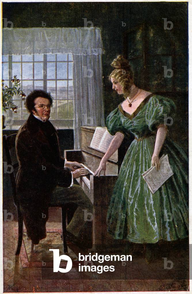 Music. The austrian composer Franz Schubert with a singer. Postcard, Austria, c.1910 (postcard)