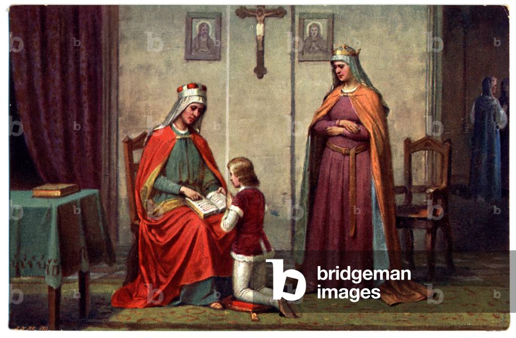 History. Czech Republic. Saint Wenceslaus Ist, duke of Bohemia, praying with her grand mother Ludmilla, ca 921. Postcard, Czechoslovakia, c.1920.