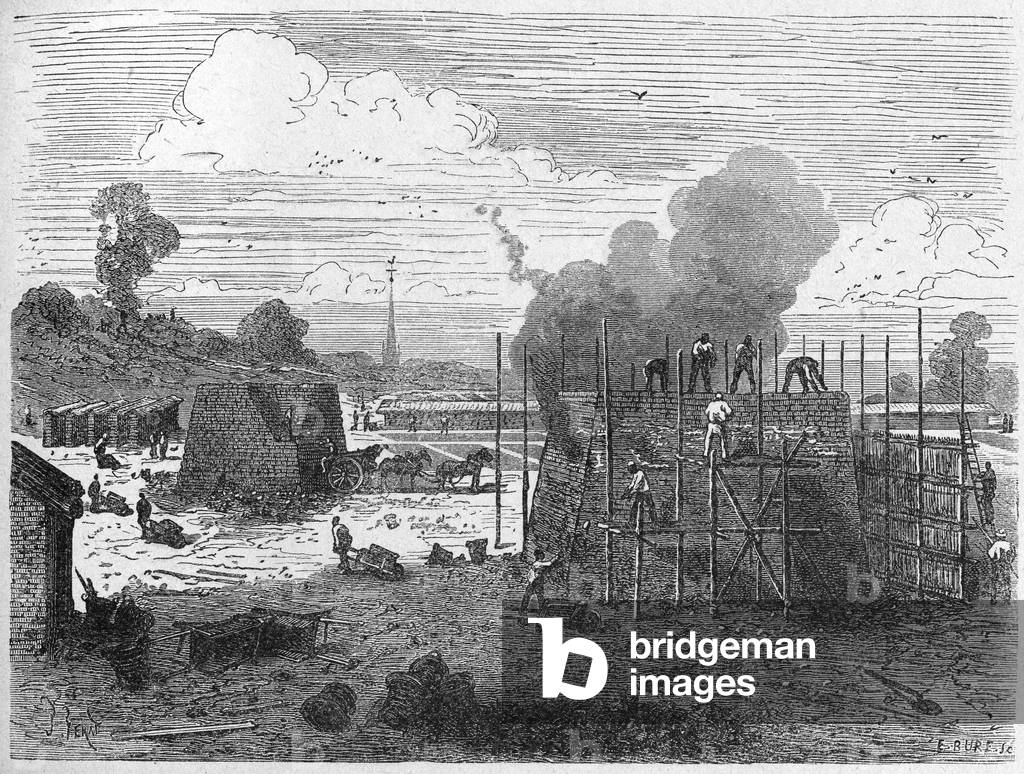 Science. Building with bricks in the XIXth century. Engraving in: Grands hommes et grands faits de l'industrie, France, c.1880 (engraving)