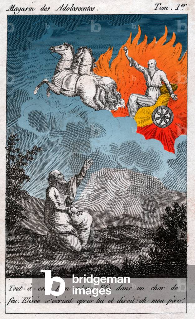 Elijah is taken to heaven. (engraving, circa 1800)
