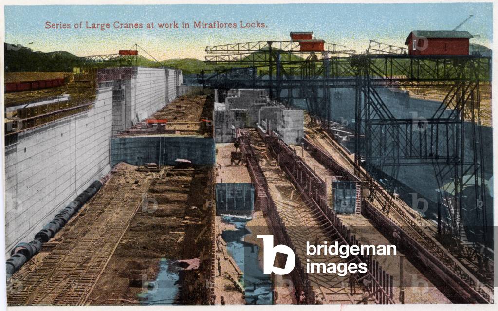 Geography. Panama. Miraflores locks, Panama canal, 1906. Postcard, USA, c.1920 (postcard)
