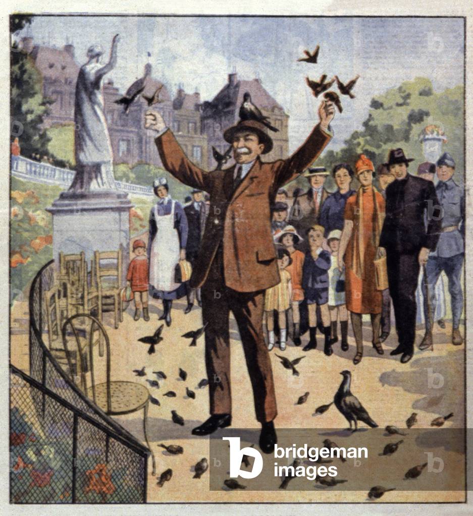 Zoology. Bird charmer in the Garden of the Tuileries, Paris, France. Illustration in: Le Petit Journal, Aug., 23, 1925 (print)
