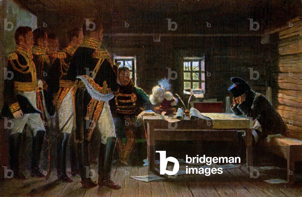 History. France. French First Empire. Napoleon I of France thinking about tactics for the battle of Borodino (Moskowa, Russia), Sept., 7, 1812. Illustration by Vereshagin, Russia, c.1900.