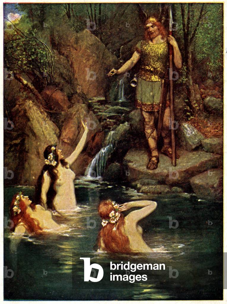 Music. Opera. Siegfried and the Rhinemaidens (Act III). Illustration for: Gotterdammerung (Twilight of the Gods), opera by Richard Wagner (1876), Czech Republic, c.1920 (postcard)