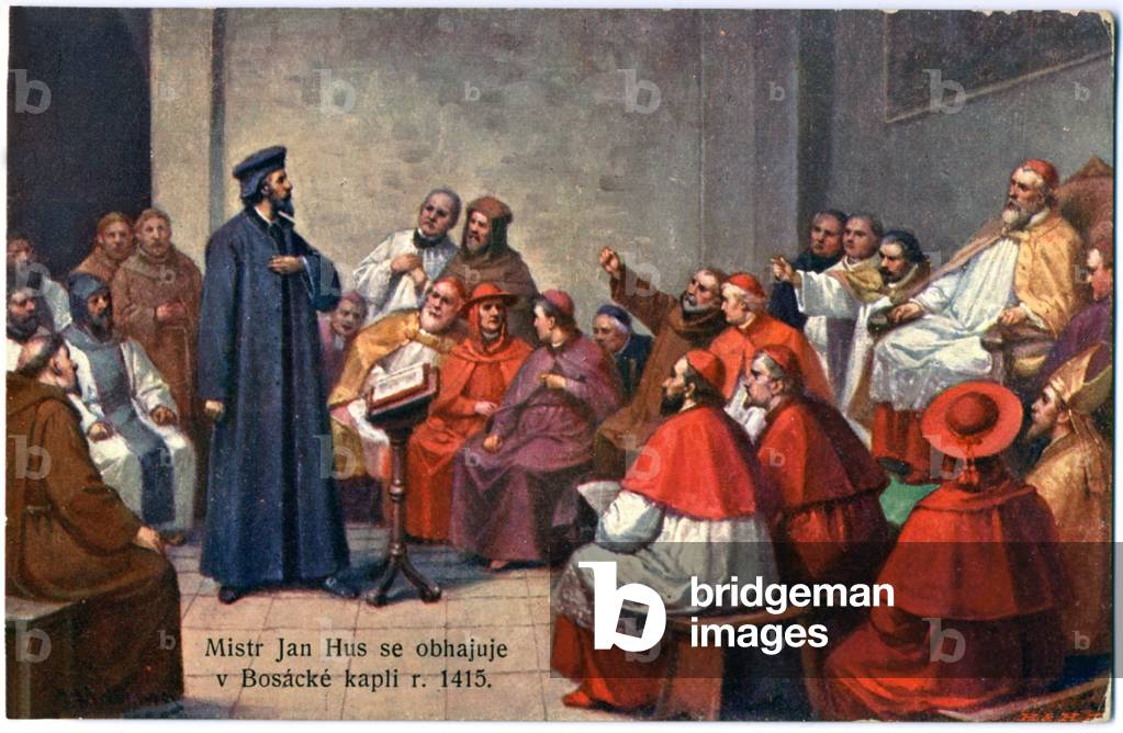 Religion. Protestantism. The religious philosopher Jan Hus at the Council of Constance, 1415 Postcard, Czechoslovakia, c.1900 (postcard)