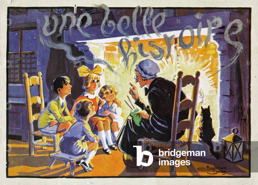 Grandma talking by the fire, circa 1940 (illustration)