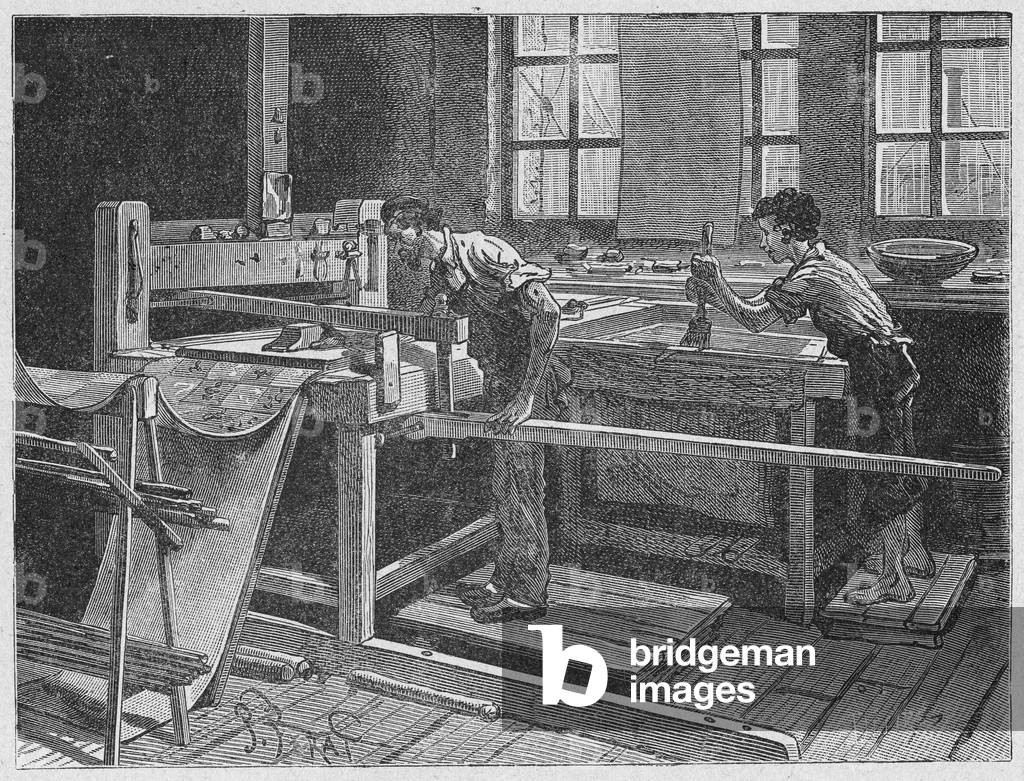Printing of the wallpaper on the board, child's work. c. 1880 (engraving)