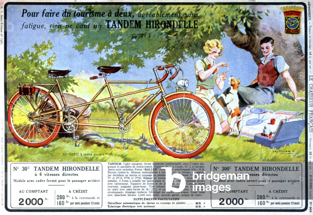 French advert for tandem, by Castellan 1937 (lithograph)