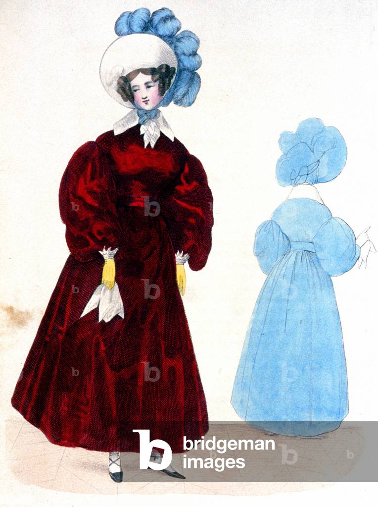 Woman in garnet Indian creps dress, c.1840 (illustration)