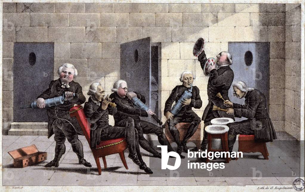 amateurs playing a courante, french cartoon against doctors (holding syringes and chamber pots as musical instruments) and the purgative at 18th century, engraving by Elgelmann, c. 1830