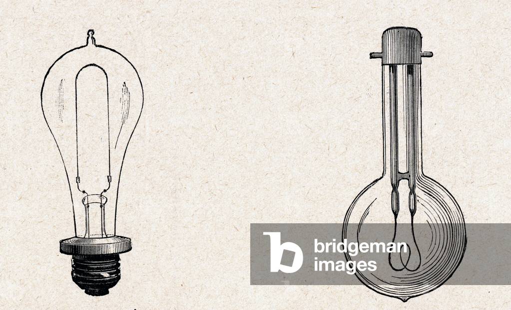 Science. Electricity. Incandescent light bulbs by Edison (left) and Swan (right). Gravure in : Grands hommes et grands faits de l'industrie, France, c.1880 (engraving)