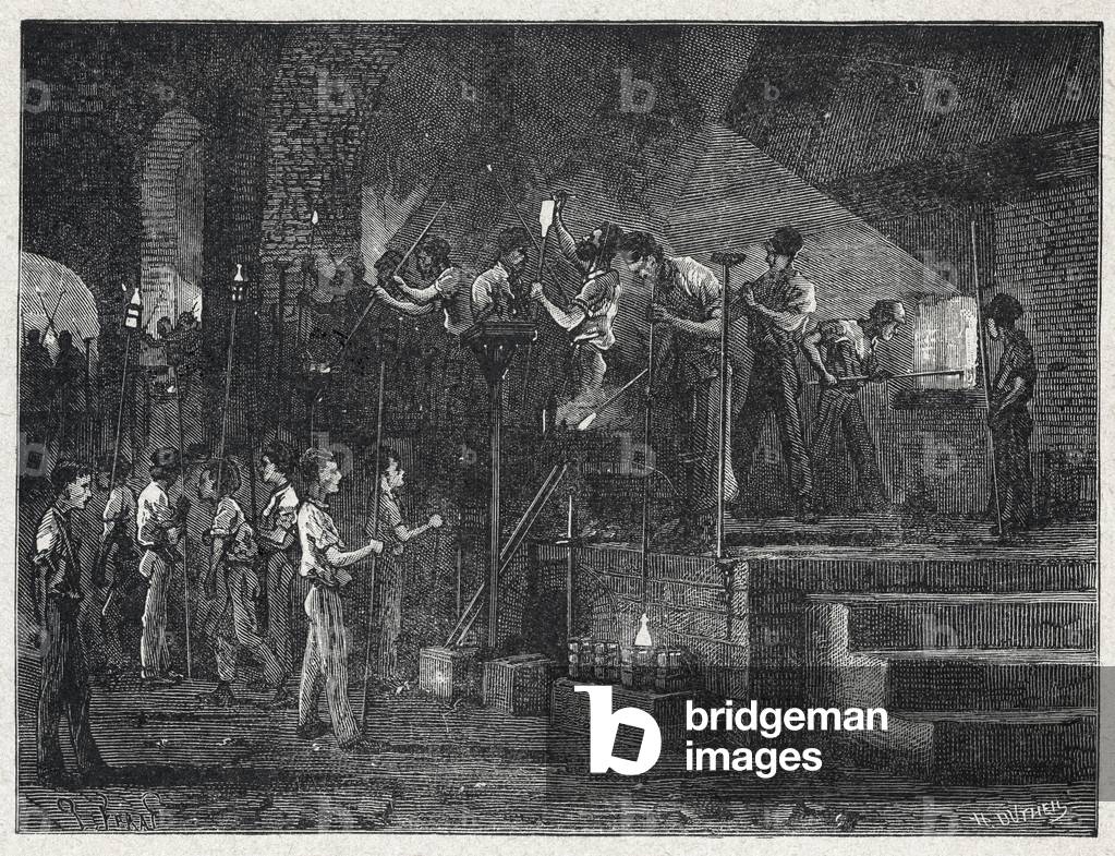 Children working in a factory of bottles, c. 1880 (engraving)