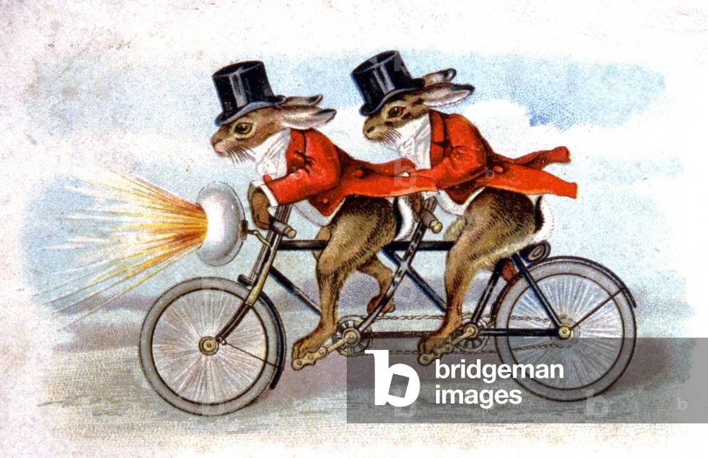 Easter rabbits riding a bike, 1900 (postcard)