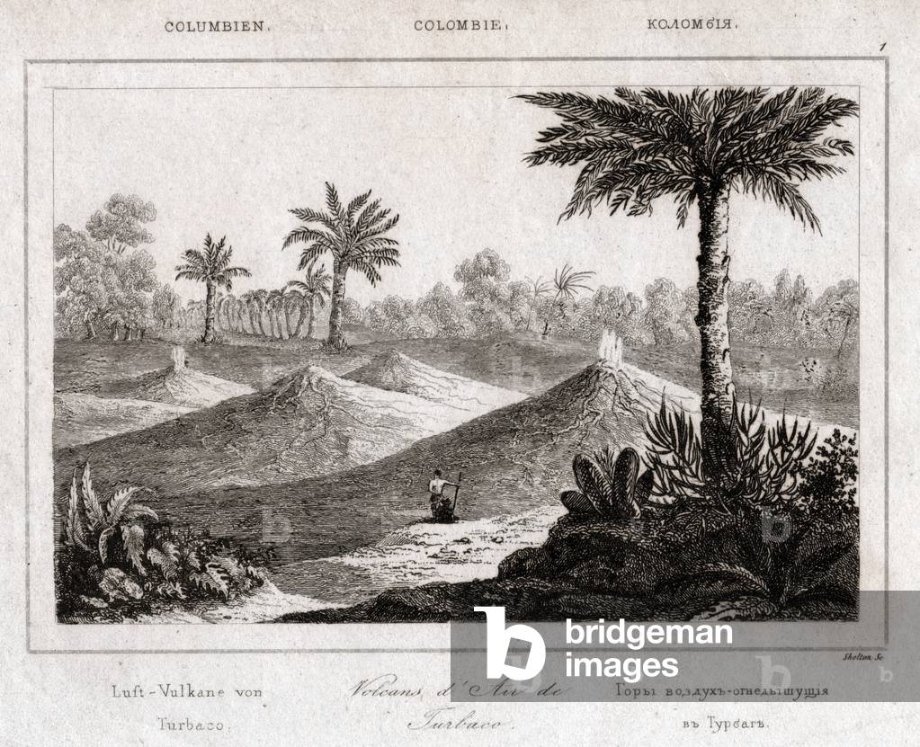 Mud volcanoes. (engraving, ca. 1830-1840)