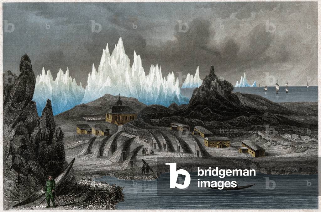 The Colony of the Moravian Brothers in Akunnat, Greenland (Lichtenfels). ca. 1850 (Engraving)