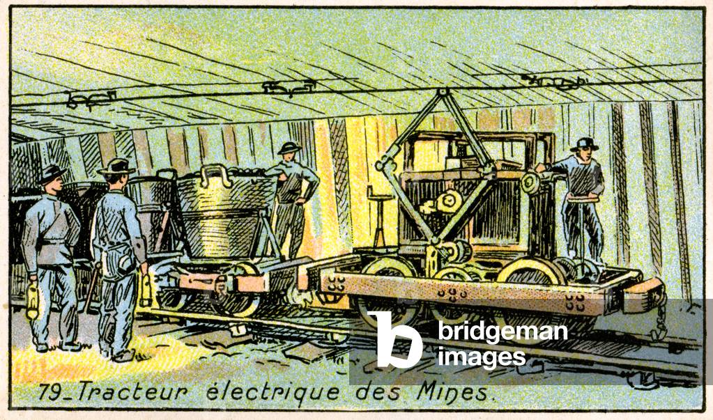Science. Energy. Minors using an electric tractor. Imagery in: The wonder of Electricity, France, c.1910.