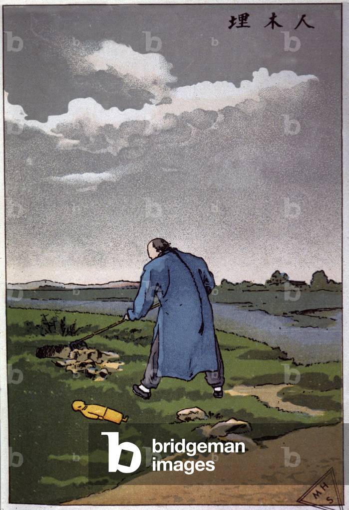 Religion. China. Bewitchment . A chinese wizard burried a figurine. Engraving in: Recherche sur les superstitions en Chine, by the jesuit priest Henri Dore, Shanghai, 1911-1920 Bibl. Nationale, Paris (B.N.F.) (print)