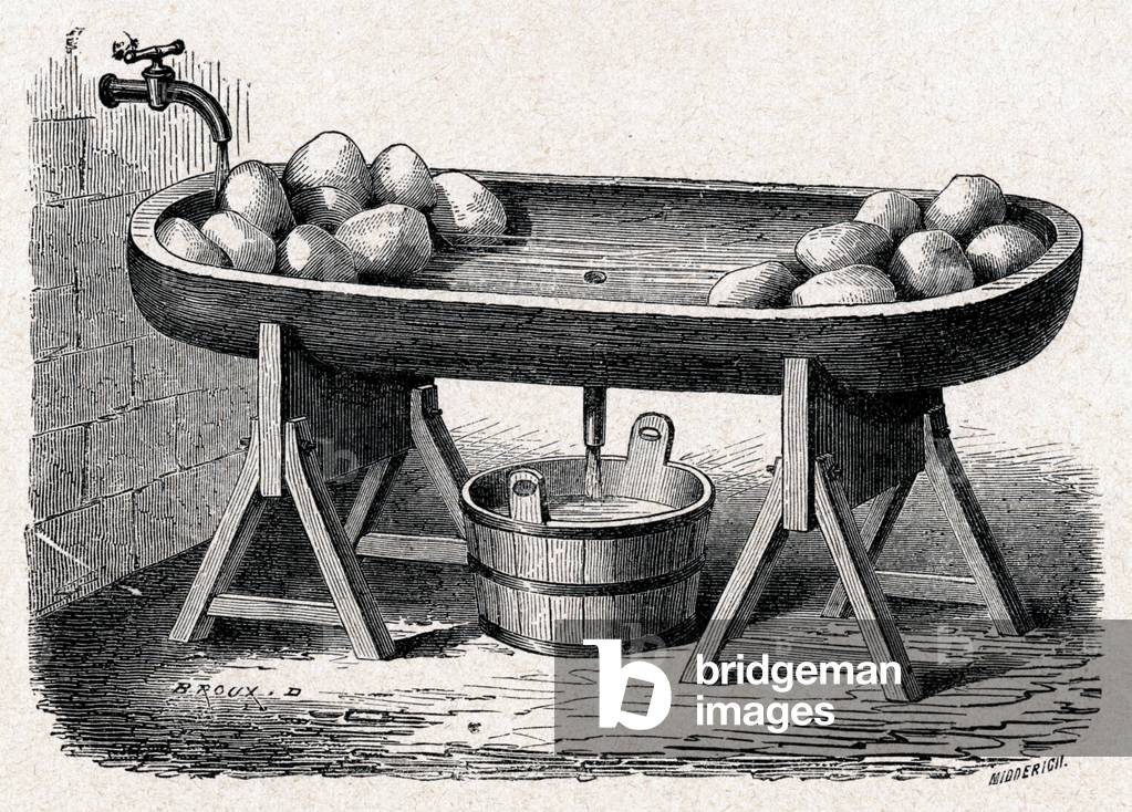 Food and Beverage. Bowl for butter washing and salting. Engraving in: Grands hommes et grands faits de l'industrie, France, c.1880 (engraving)
